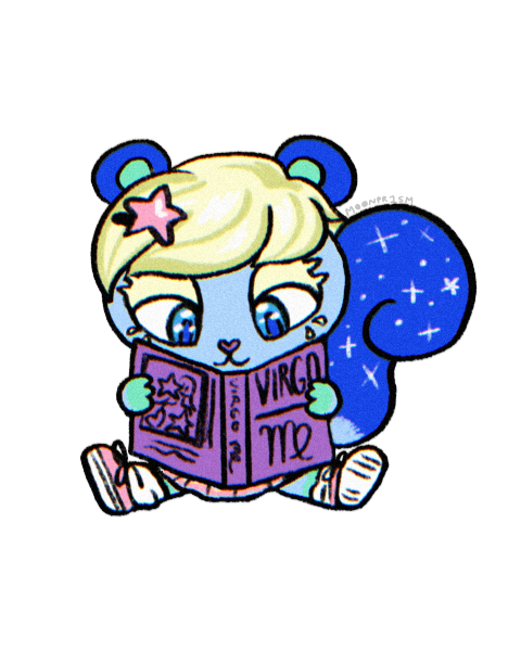 An illustration of Ione from Animal Crossing, a blue squirrel with a starry motif on her tail and a blonde pixie haircut. She is wearing a pink star barrette, pink sneakers with loose socks and a pink dress. She is reading a large book all about Virgo, her star sign. She looks deep in thought!