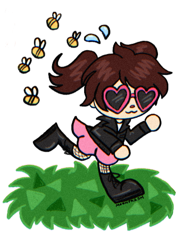 An illustration of a girl running away from a swarm of bees over a patch of grass. She has dark brown hair in pigtails, and is wearing pink heart-shaped sunglasses, a leather motorcycle jacket, a pink skirt, fishnet stockings and black combat boots. She is smiling, despite the bee situation.