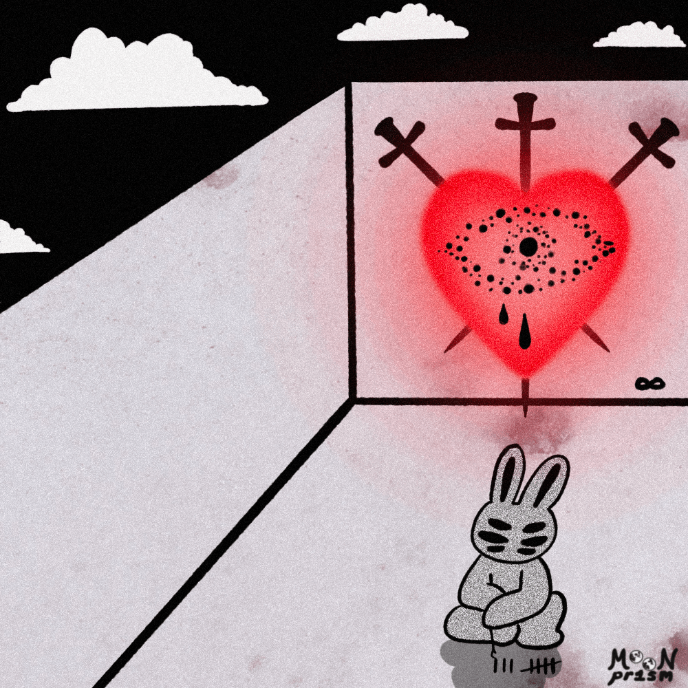 An illustration depicting a large, glowing red heart with a black eye in the center, pierced by three black swords and dripping black teardrops, set against a pinkish-gray background with a black sky and white clouds. The heart is a representation of the Tarot card, '3 of Swords'. Below the heart sits a cartoon rabbit. The rabbit has six black eyes and the body is made up of TV static. The rabbit is scratching lines into the ground, 8 marks total. It gives the impression that the rabbit has been trapped in this room with the 3 of Swords for some time.