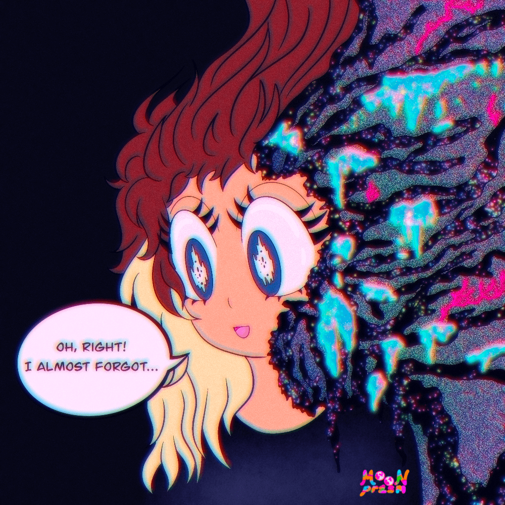 An illustration of a blonde and brown haired character with large eyes and a small open smile. Half of them is disintegrating into a web of black coral-like structures bursting out with tv static and glowing pink and blue goo dripping off of them. The character has a speech bubble that says 'Oh right! I almost forgot...'