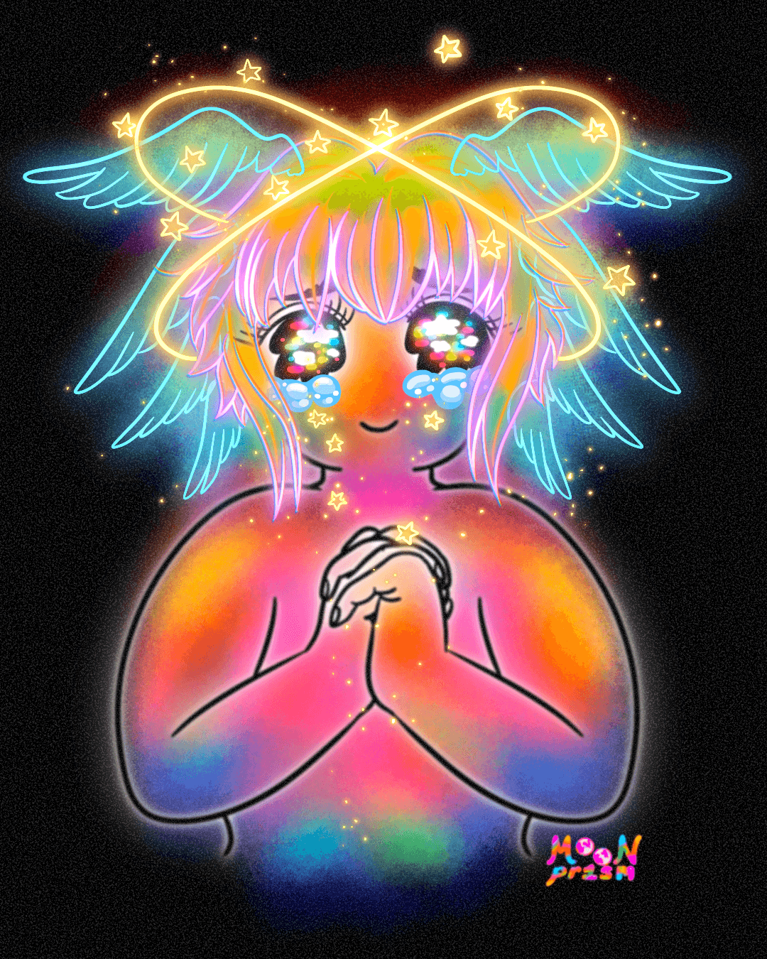An illustration of a character with large eyes and a small smile. They appear to be made entirely of various neon colors and light. They have 8 blue wings on their head, and a spiraling gold halo of stars. They seem to be crying happy tears of golden stars with hands clasped in, perhaps, prayer.