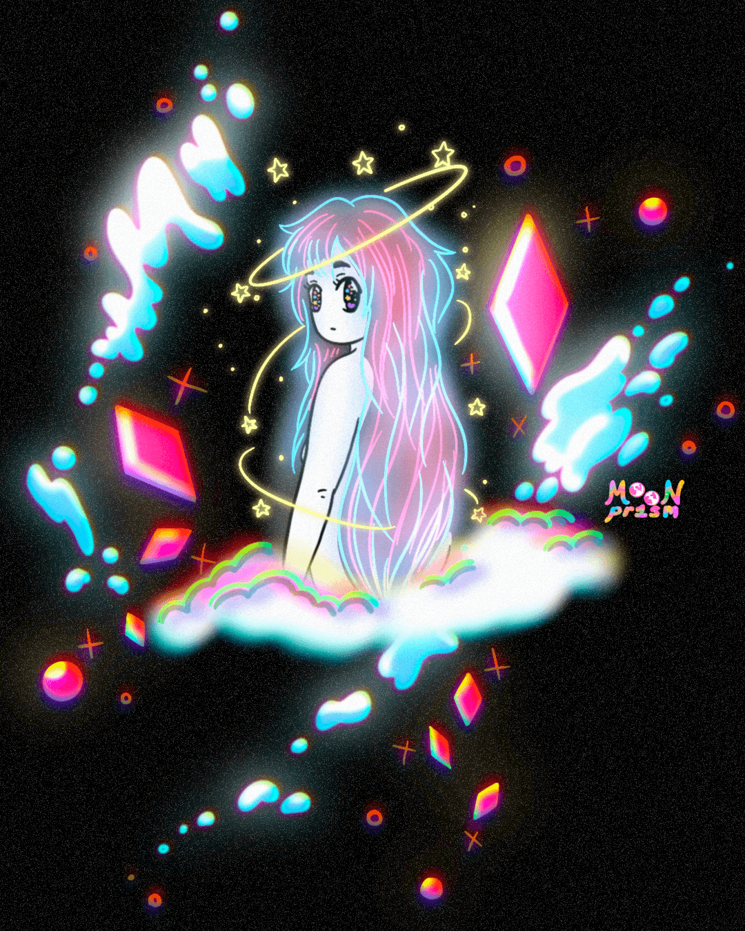 An illustration of a character with large eyes and an enigmatic expression. They appear to be made of white, pink and blue light. They are surrounded by a spiraling gold halo of stars. There are glowing pink diamond and sparkle shapes with blue liquid shapes around them on a black background. They are looking back at you over their shoulder curiously.