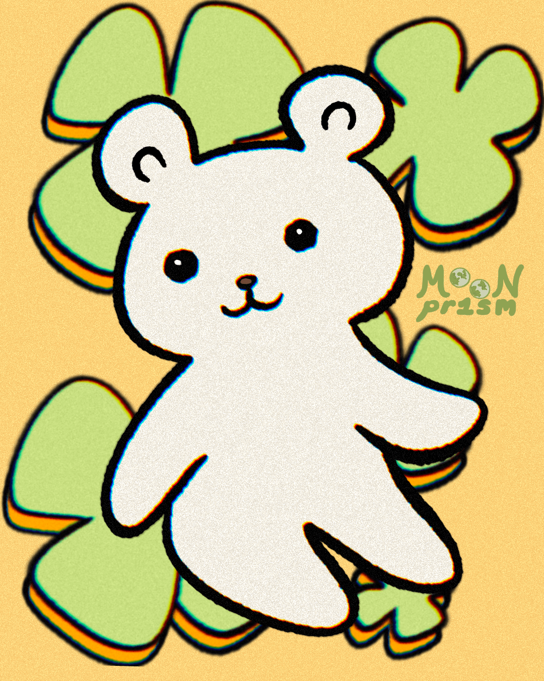 An illustration of 'Binky', a little white polar bear character, sitting happily on some light green clovers on a pastel yellow background.