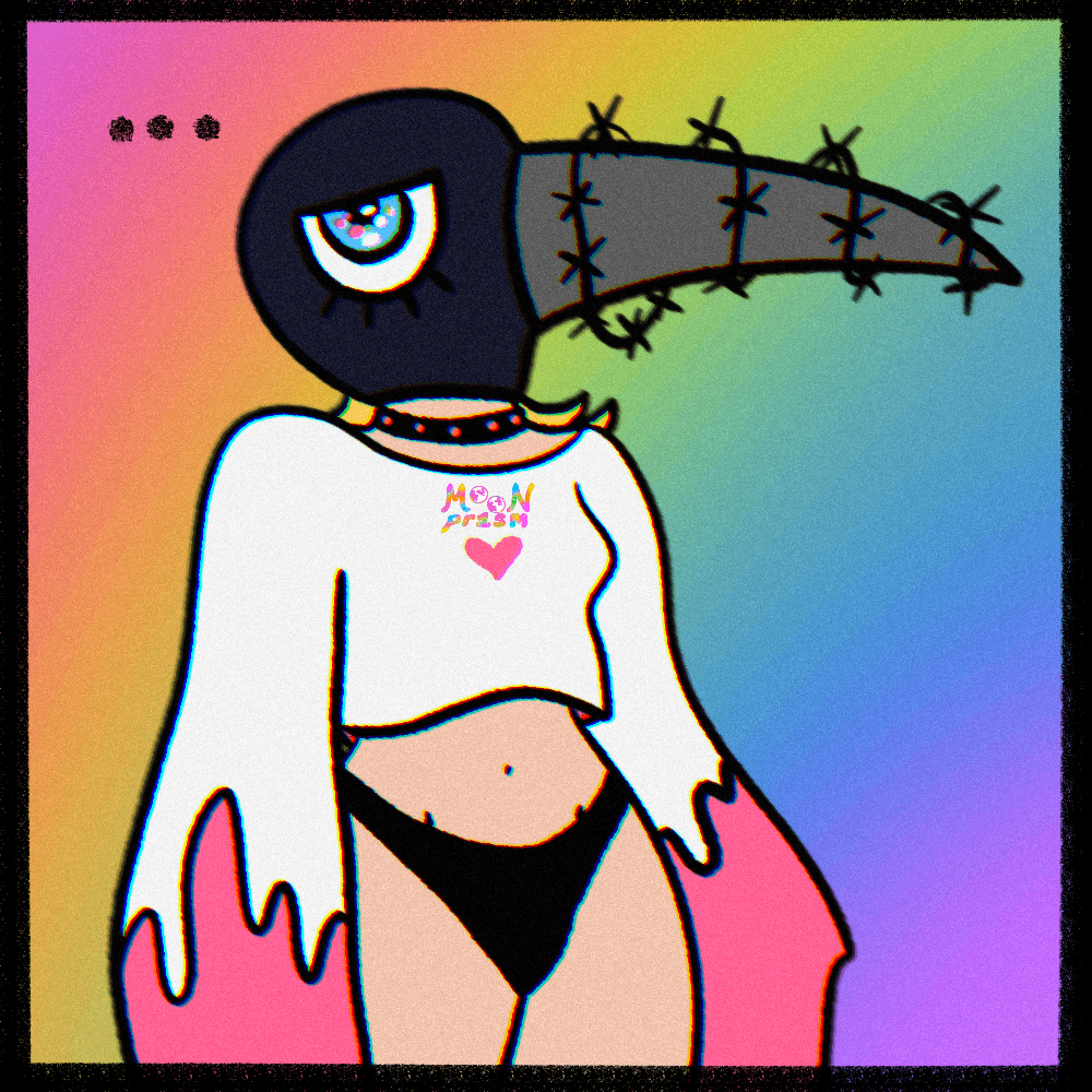 An illustration of a girl wearing a black bird mask with barbed wire around the beak, a white sweater with pink melty looking accents on the sleeves and a black bikini. She is on a rainbow background.