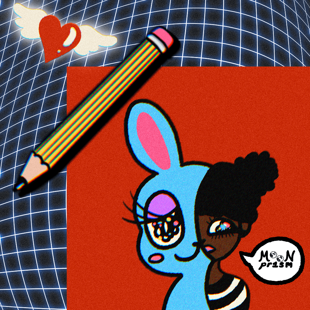 An illustration of a character who is half blue bunny and half human. There is a pencil and a warped blue grid background, and a red heart with white wings. There is a subtle 3D effect.