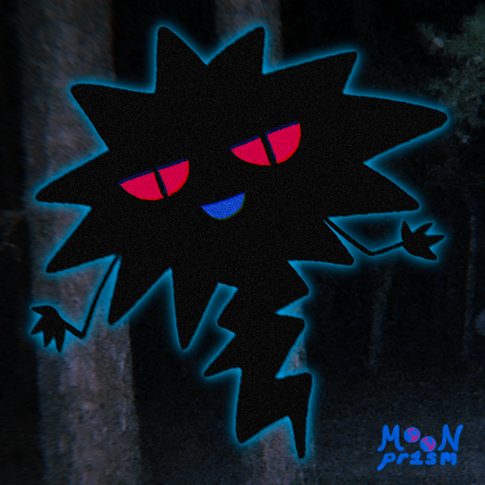 An illustration of a black and glowing blue jagged, electrified looking creature with pink eyes and a blue mouth, appearing in the woods at night.