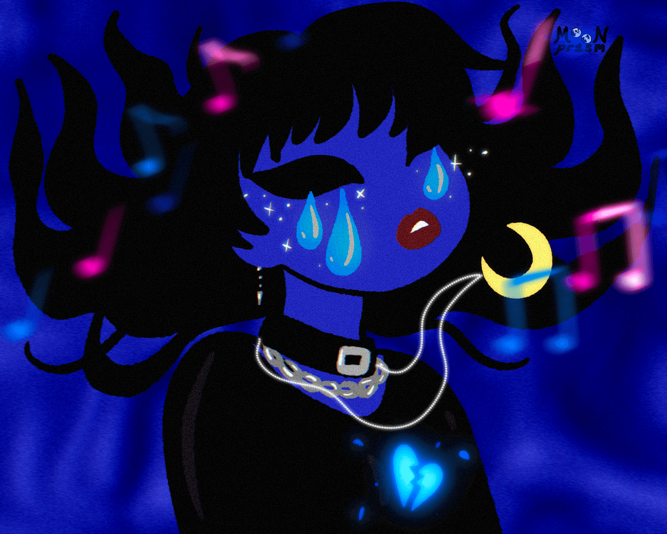 An illustration of a girl crying large blue tears surrounded by pink and blue musical notes on a dark blue background. Something is messing with the gravity and pulling up her hair and jewelry, prominently the yellow crescent moon necklace.