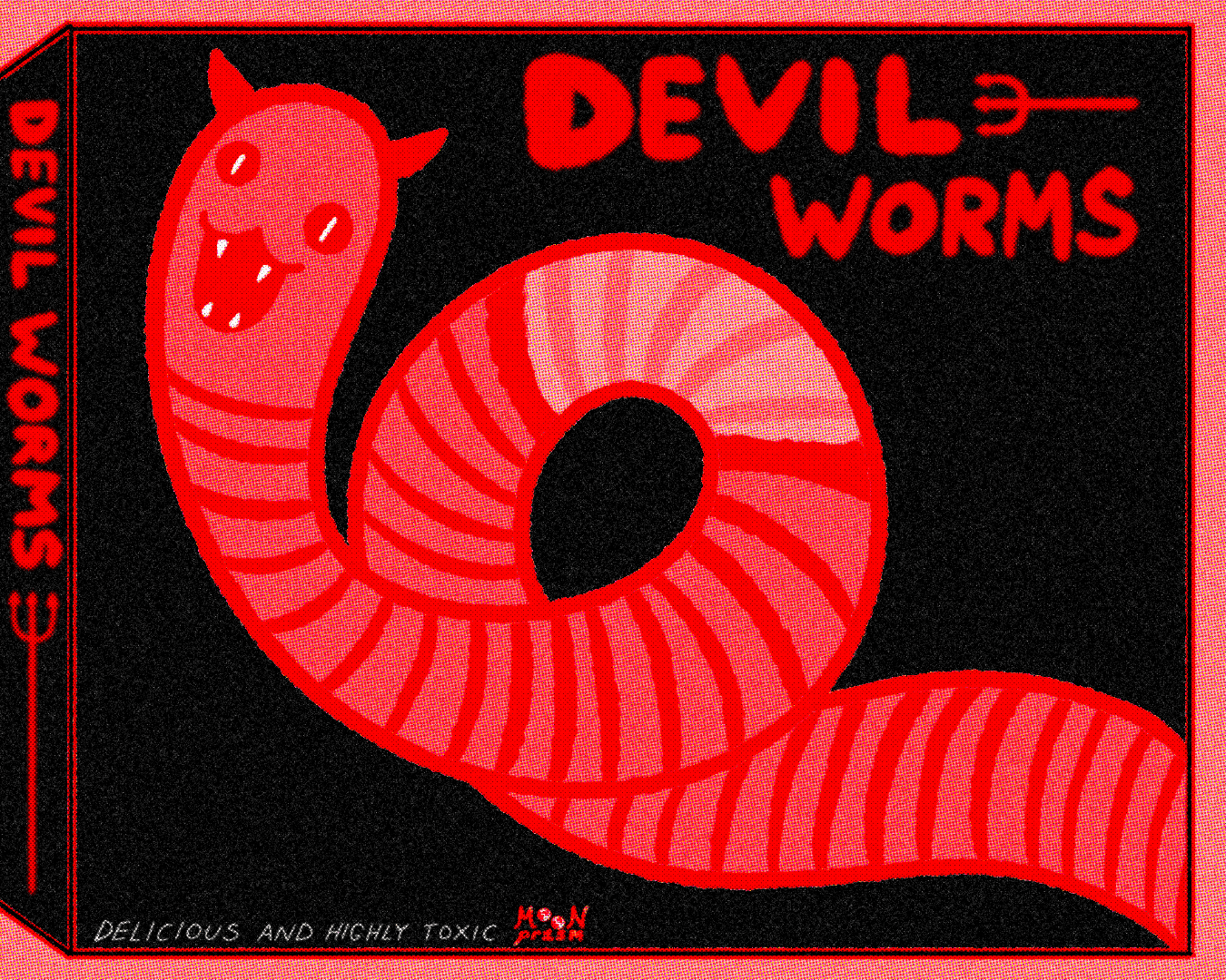 An illustration that looks like an ad for a box of 'devil worms', featuring a big red and pink worm with fangs and horns on the black box.