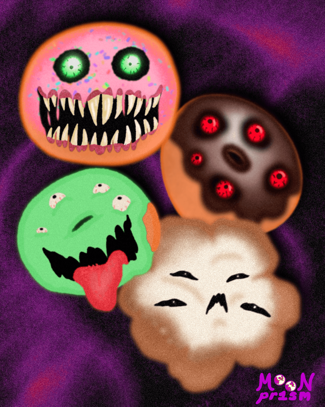 An illustration of monster donuts, some have glowiing eyes, multiples eyes, fangs, and look generally unappetizing.