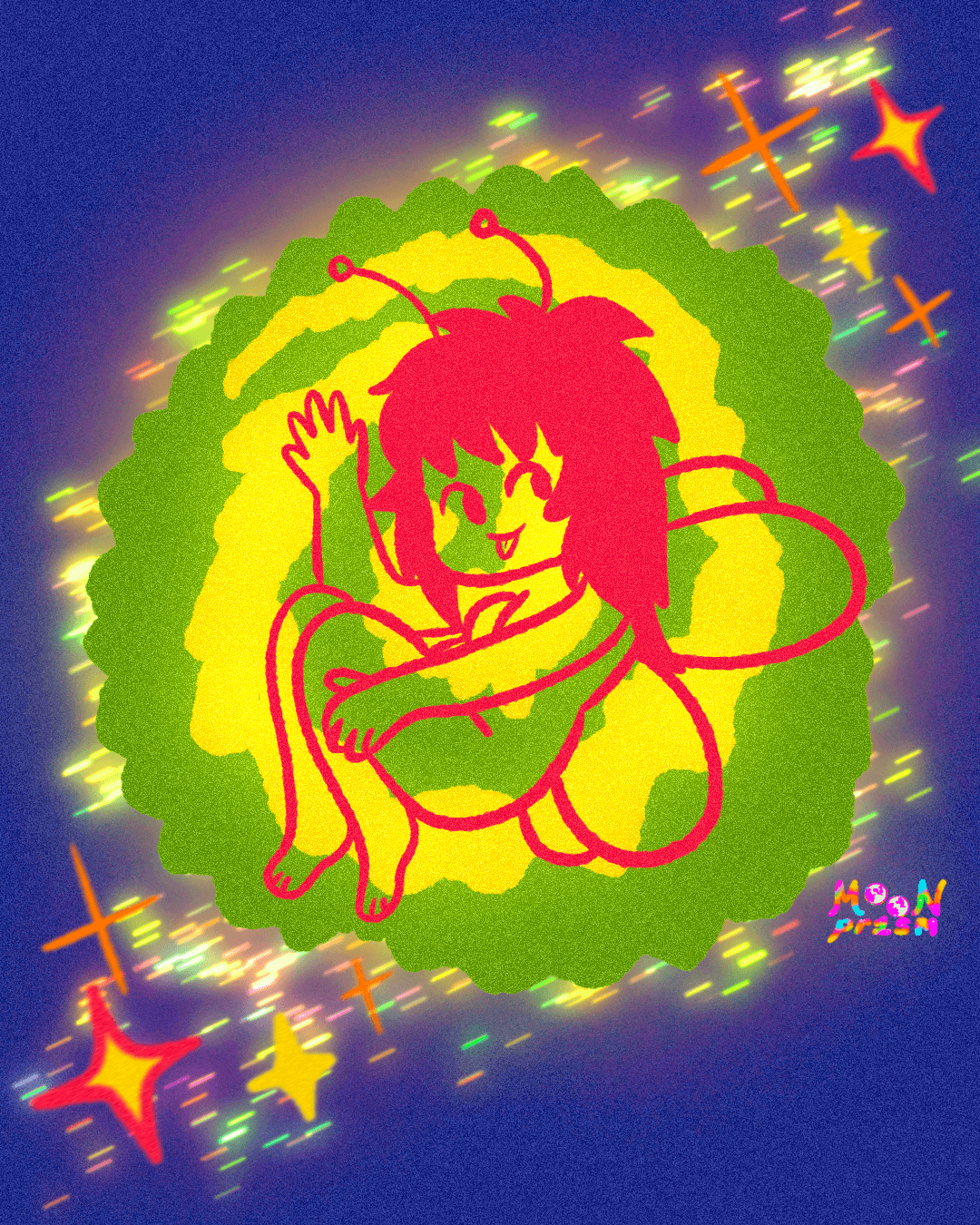 An illustration depicting a little cartoon faerie with shaggy long hair and a mischievous expression on a swirling green and yellow, glittering orb on a blue background.