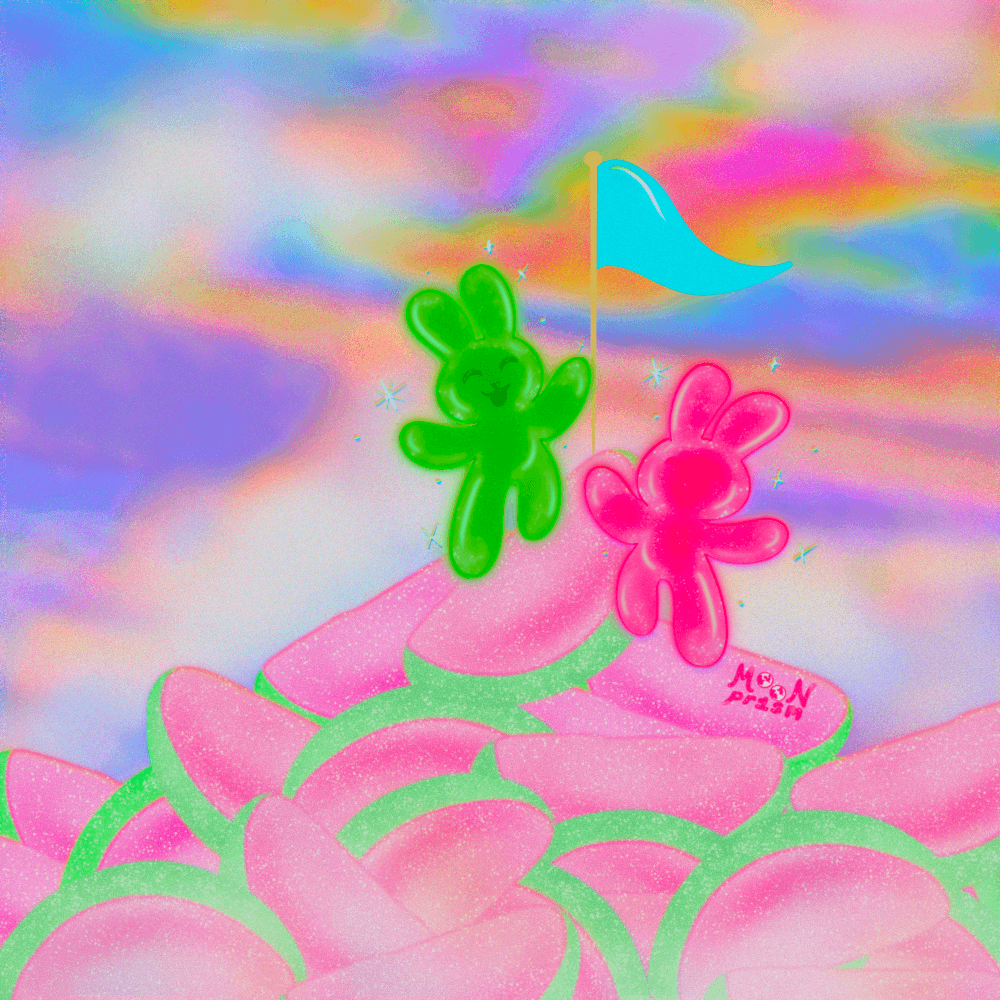 An illustration of two pink and green gummy candy bunnies rejoicing with a flag at the top of a mountain of sour watermelon candies. The sky is a colorful rainbow swirling sunrise