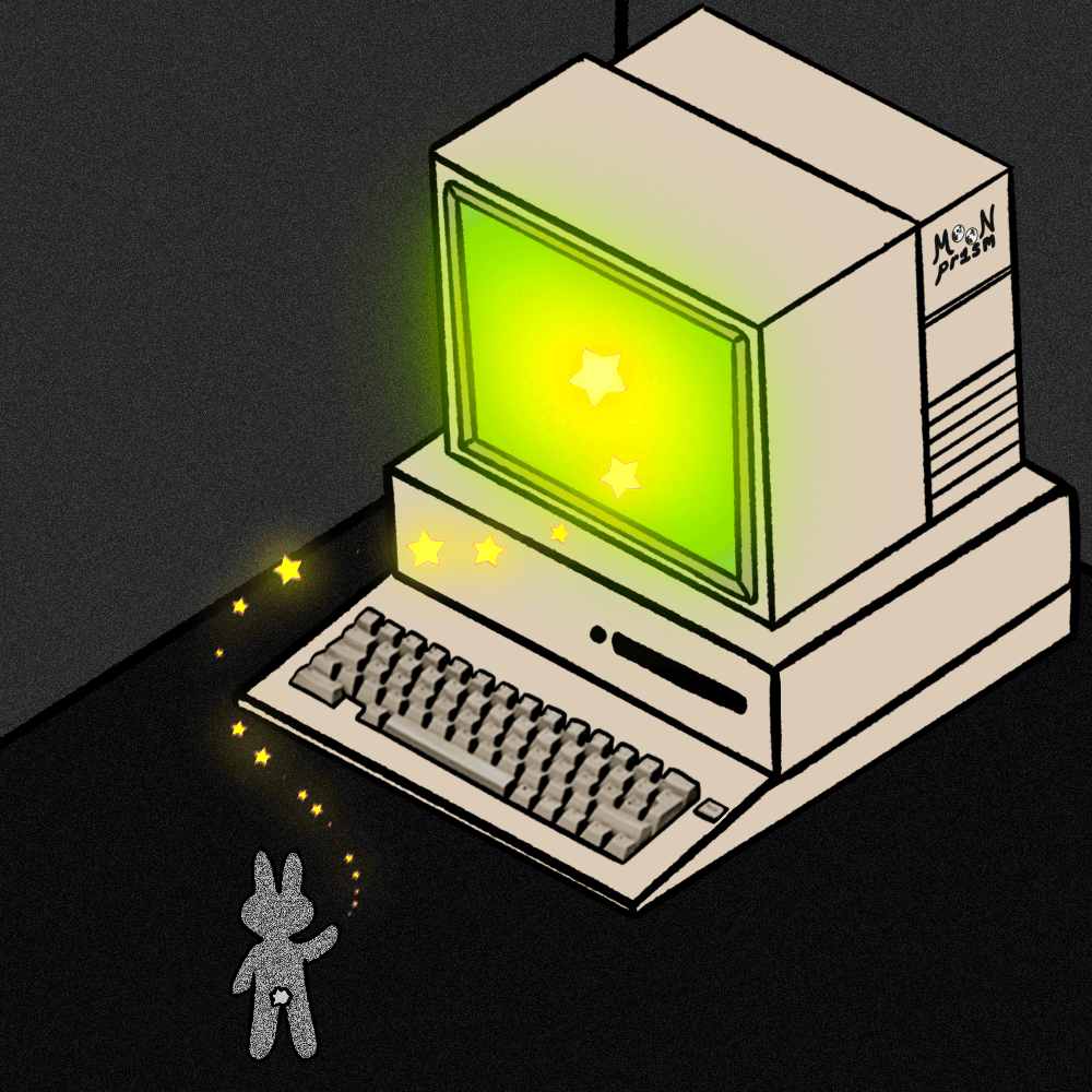 An illustration depicting a TV static rabbit shooting golden stars out of their hand up towards a gigantic vintage style computer. The screen is glowing green and the whole room is dark.'.