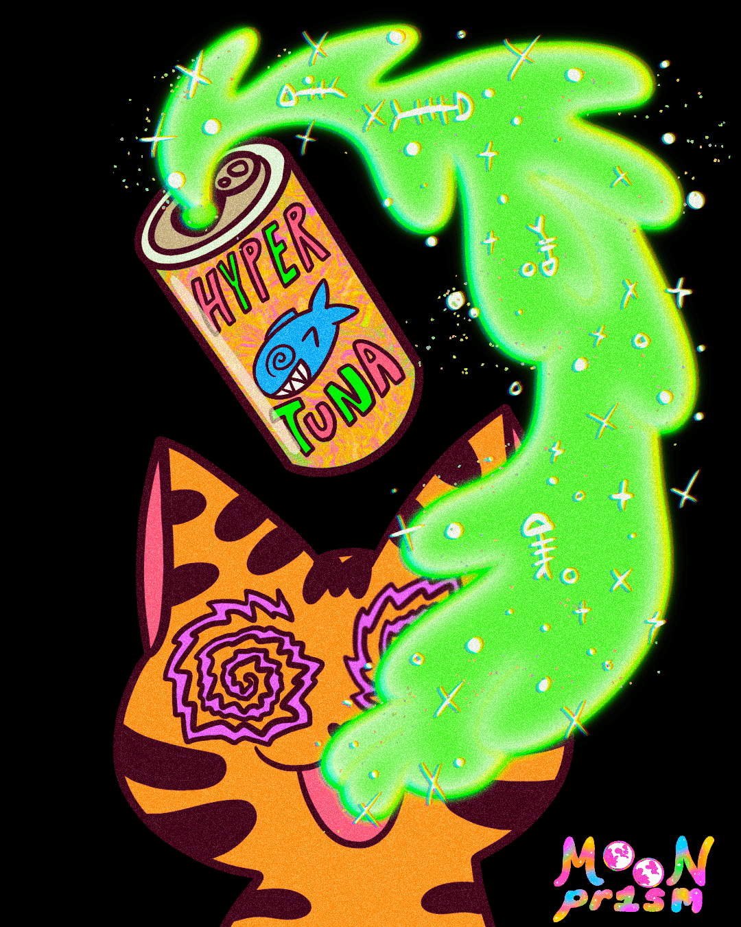 An illustration of a purple spiral-eyed orange striped cat drinking a neon green liquid full of sparkles and tiny fishbones from a can that says 'Hyper Tuna' on it.