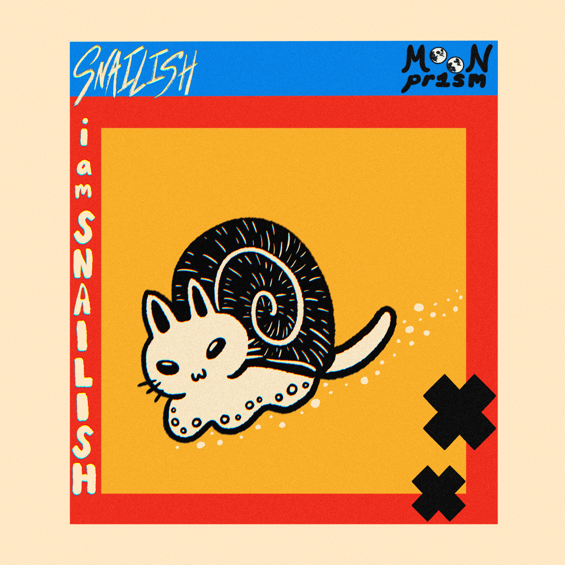 An illustration of 'Snailish', a snail-cat hybrid character. He is on a yellow, red, and blue square background with the words 'I am Snailish' on the side.