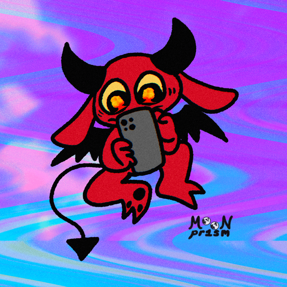 An illustration of a nervous red devil with black horns, wings and tail looking at a smartphone. In their large yellow eyes, there is a reflection of a nuclear explosion mushroom cloud. The background is a swirling purple, pink and blue.