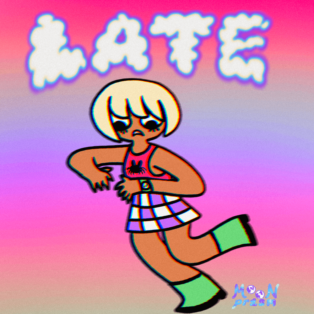 An illustration of a character running while looking at their watch with the word 'Late' above them in cloud lettering. They have a blonde bob, pink shirt with a spiderbunny character on it, purple and white checkerboard skirt and green boots on. The background is pastel purple, pink, cream and blue.