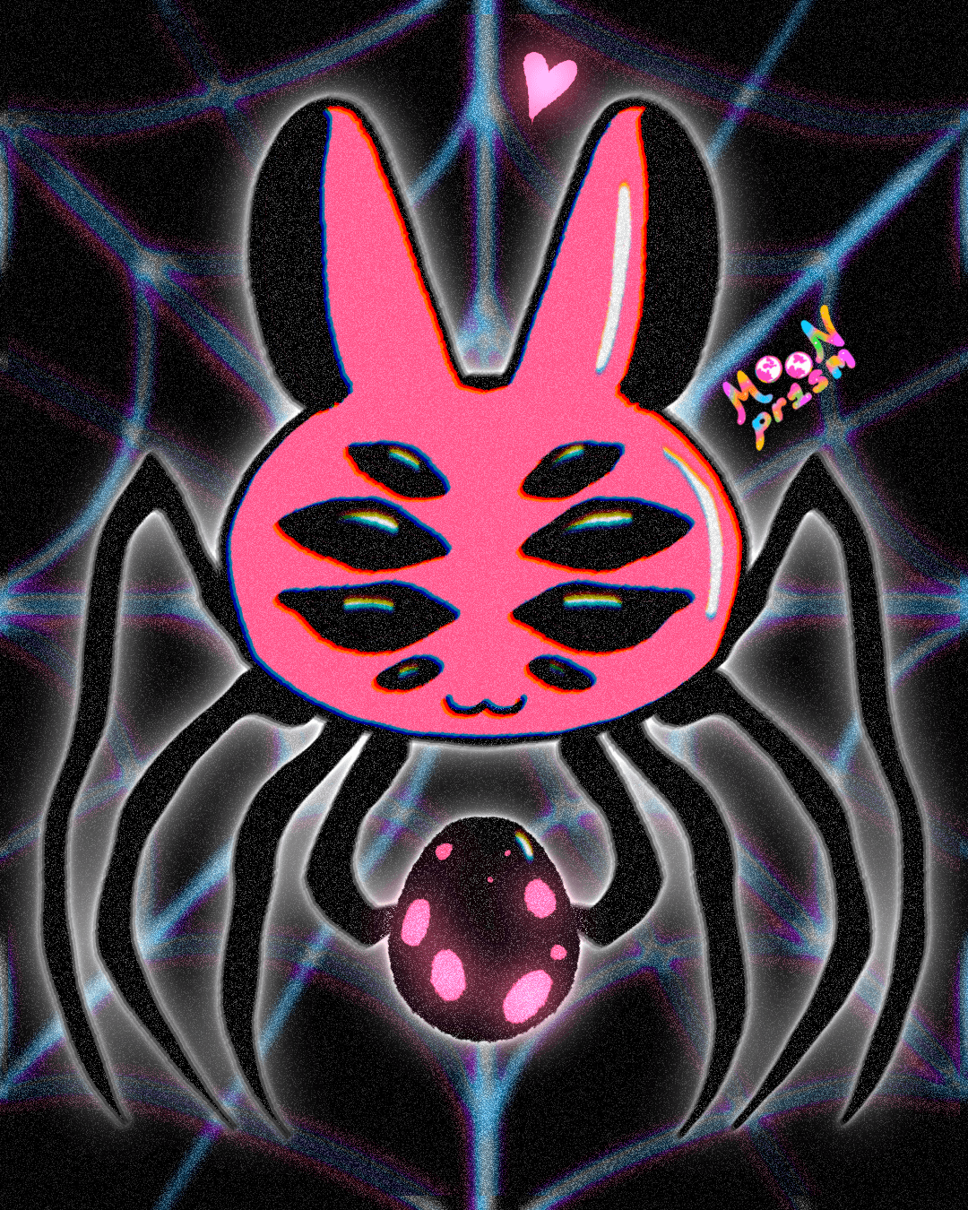 An illustration of a giant pink spiderbunny (a spider-rabbit hybrid creature). The spiderbunny is sitting on a glowing blue web, smiling and holding an egg.