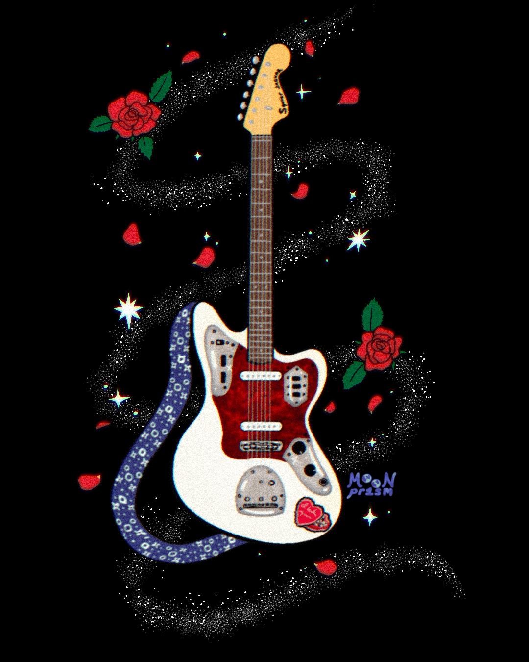 An illustration of a white guitar with a dark red pickguard, blue floral guitar strap, and heartshaped sticker surrounded by white sparkles and red roses and petals.