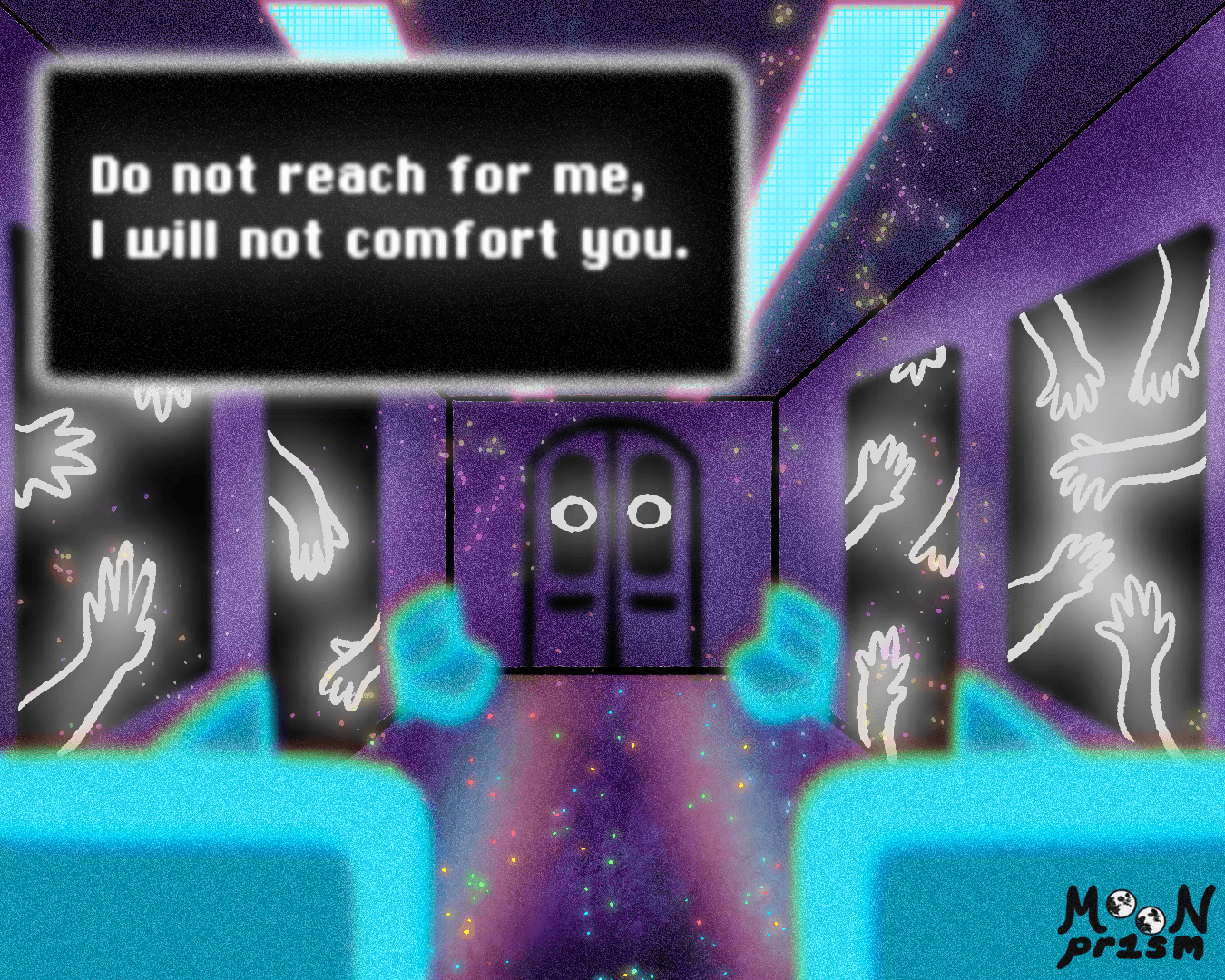 An illustration of a surreal purple and blue subway car. There are ghostly white hands and arms visible in the windows and exits, and straight ahead are a pair of staring eyes. There is a text box that reads 'Do not reach for me. I will not comfort you.'.