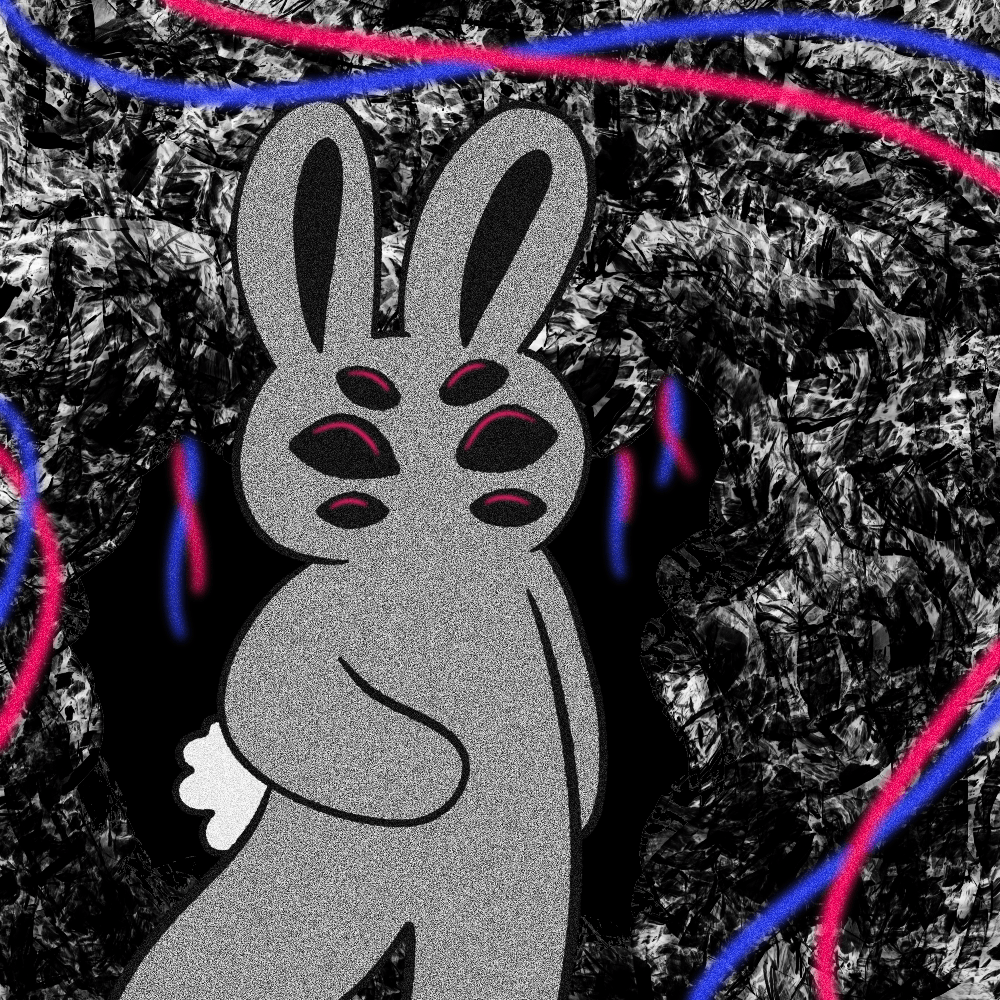 An illustration of a TV static rabbit looking a bit perplexed on a background of black cave-like textures and red and pink cable/artery looking strings.