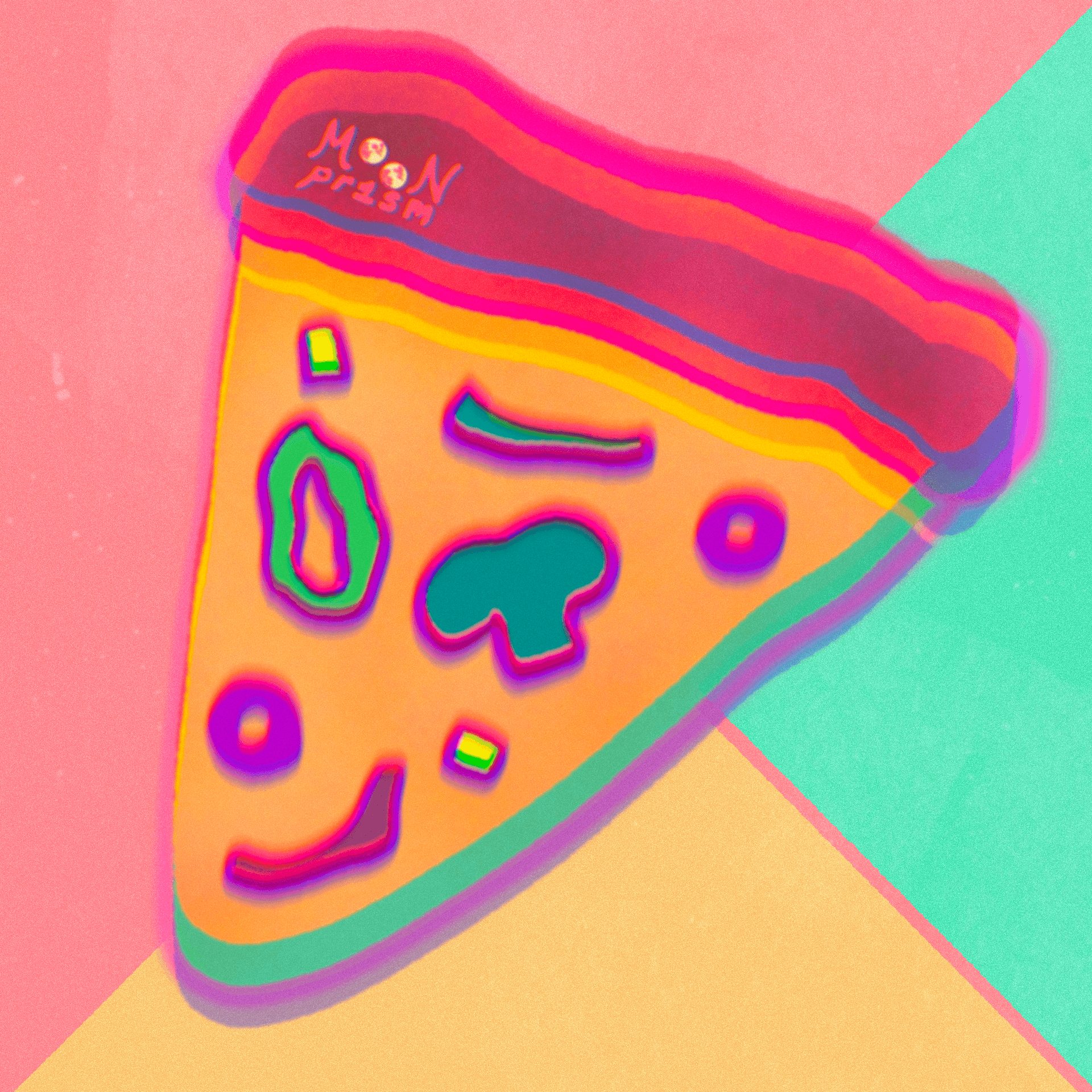 An illustration of a colorful slice of veggie pizza on a pink, yellow, and aqua background.