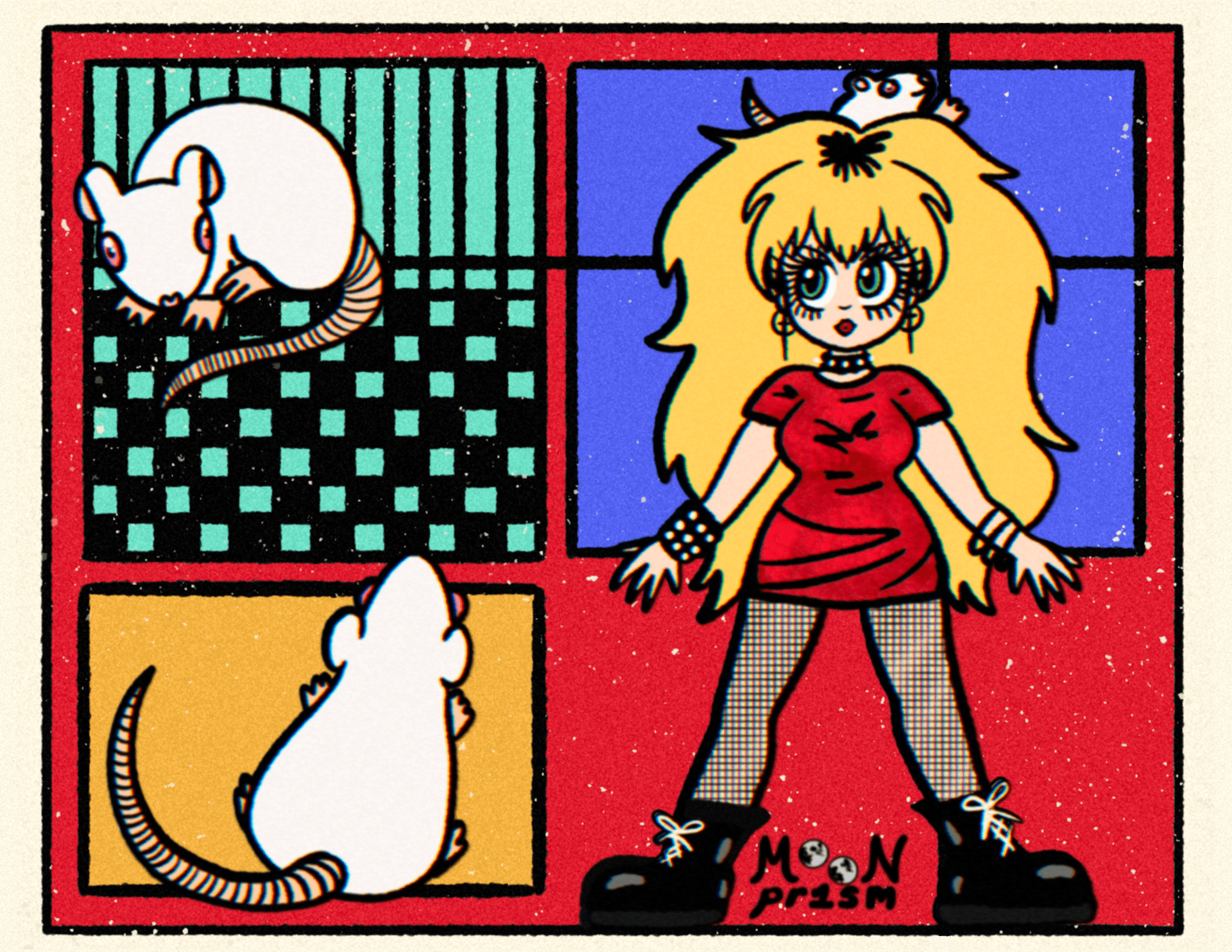 An illustration of the artist herself and 3 white rats on a colorful red, blue, yellow and green background of various square and rectangle shapes. The artist has big blonde fluffy hair and a red velvet mini dress with fishnets, black boots and chain jewelry. These three rats represent her old pet rats, Jasper, Lapis and Malachite.