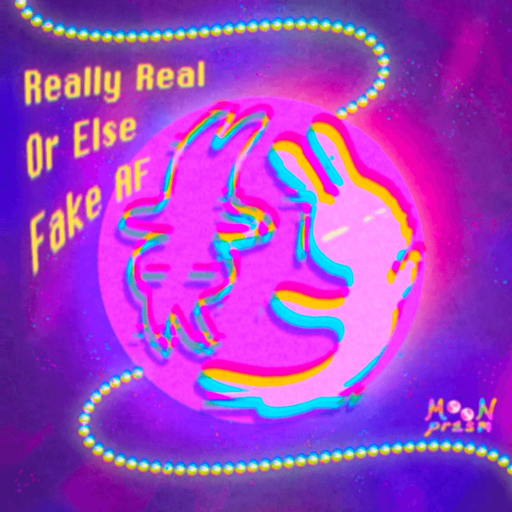 An illustration of two rabbits in a pink orb. Their bodies appear to be glitching. There is yellow text on the side that says 'Really real or else fake af'. The background is glittery and purple with a string of white pearls behind the orb.
