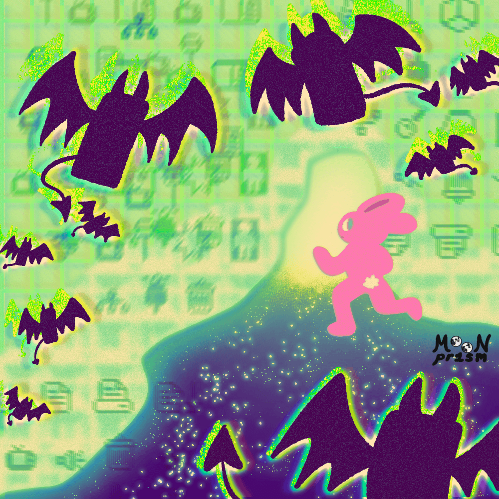 An illustration of a pink rabbit character running away from black rectangle bats with horns and devil tails. The scenery is a glowing green cave with old school computer icons on the walls. The bats represent smartphones. The rabbit is about to escape through a glowing opening in the cave!