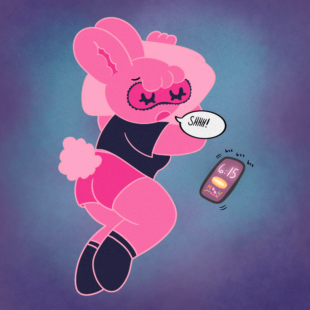 An illustration of a sleeping pink bunny. The phone alarm is ringing and she says 'shhh!' to silence it.