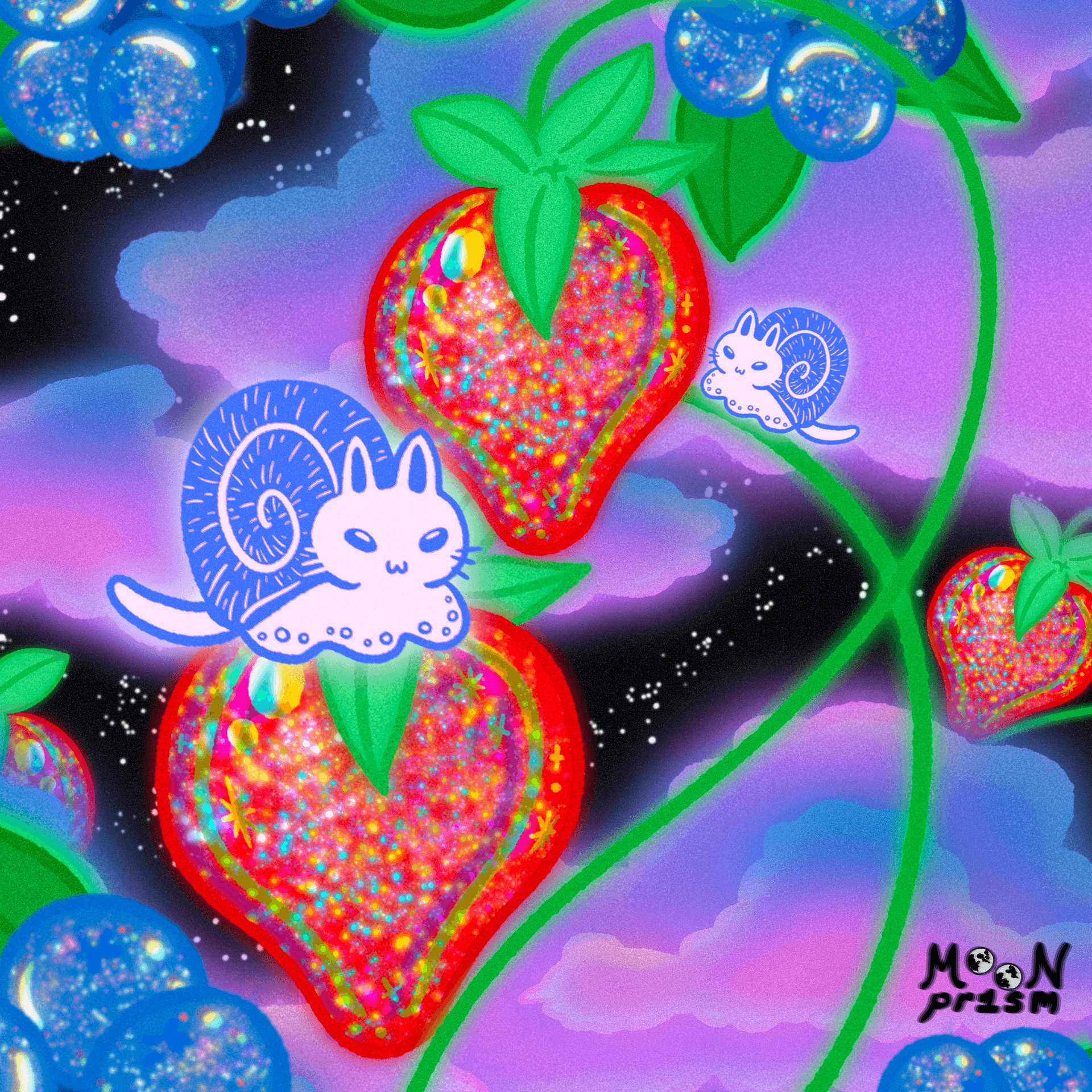 An illustration depicting two 'Snailish', snail-cat hybrid characters, on glittering and glass-like strawberry and blueberry plants. The night sky is full of stars and dreamy purple and blue clouds.