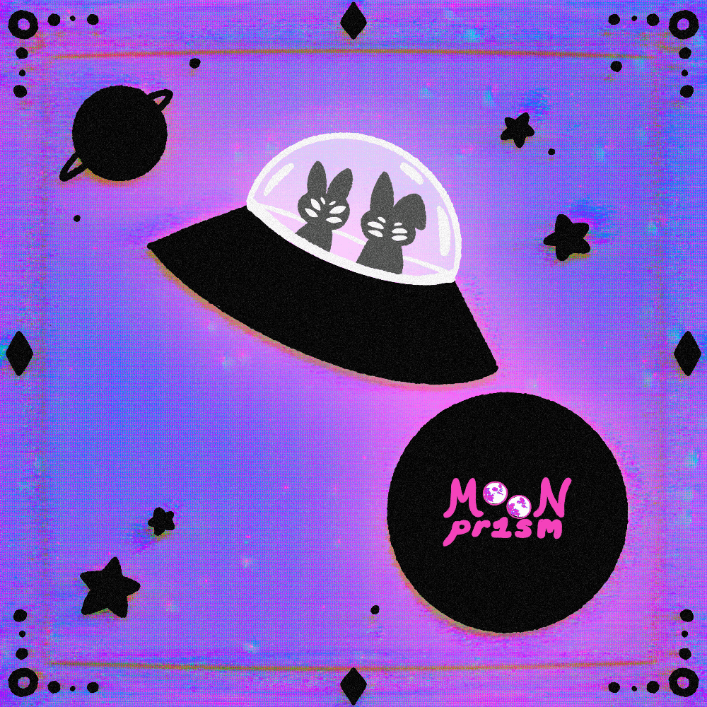 An illustration depicting two shadowy alien bunnies with six white eyes traveling through a purple and pink galaxy with black stars and planets around in their UFO spacecraft.