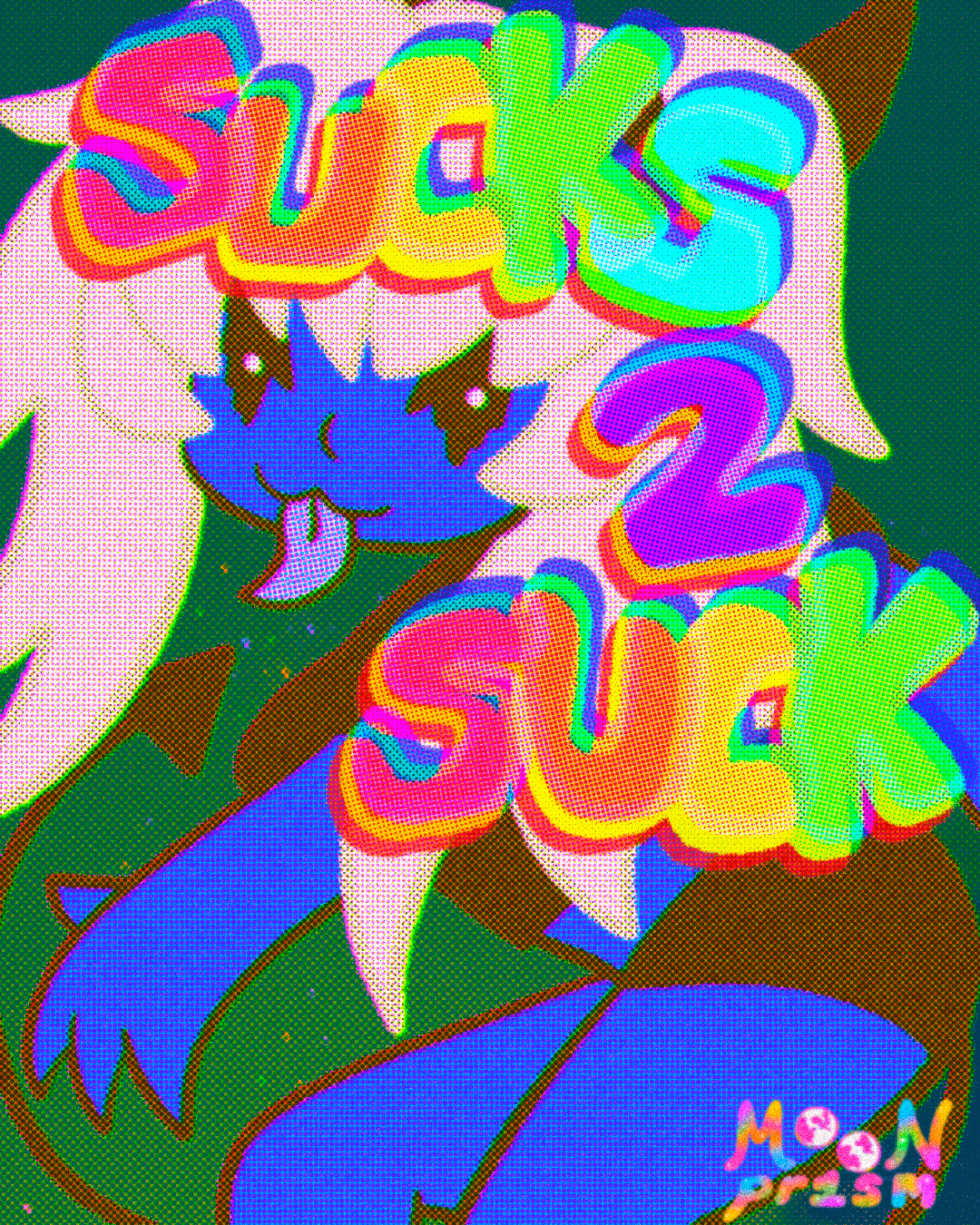 An illustration of a blue demon character with fluffy white hair looking mischevious with their tongue sticking out. Rainbow block text reads 'Sucks 2 Suck'.