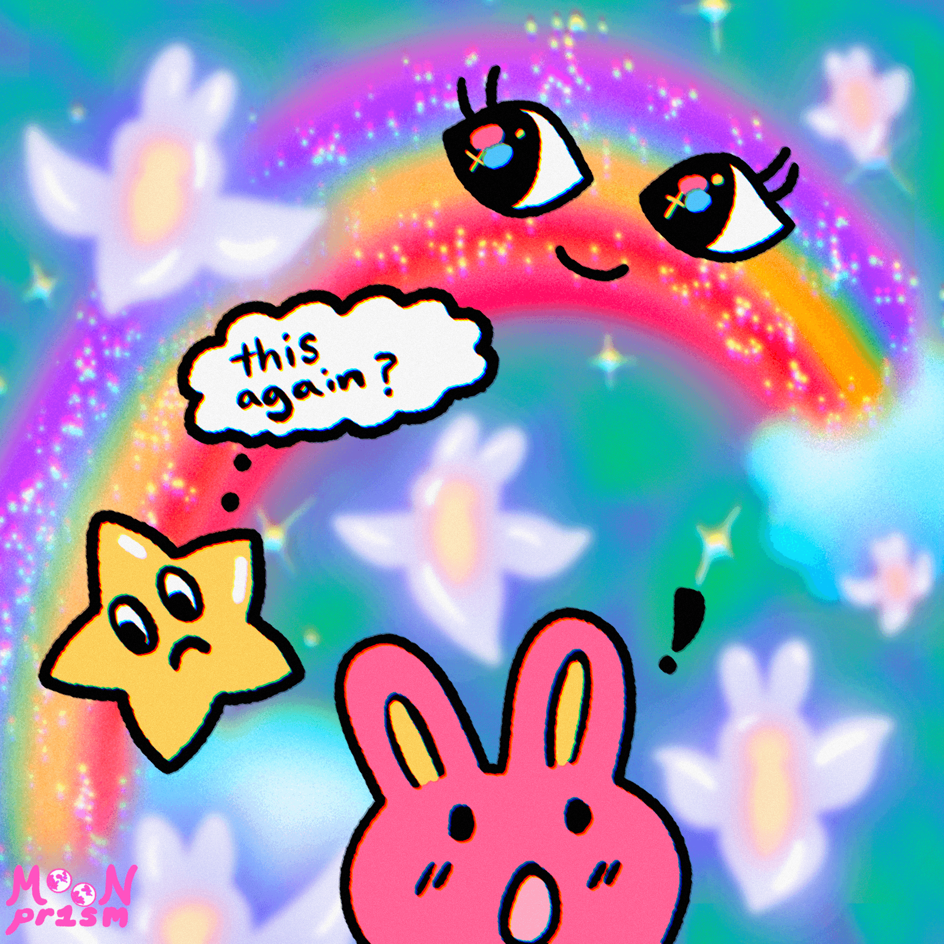 An illustration of a glittering pastel rainbow with large eyes and a smile, a surprised looking pink rabbit with an exclamation point over their head, and a frowning gold star with a thought bubble that says 'this again?'. These characters are surrounded by floating blue sea butterfly-bunny hybrid characters on a greenish-blue background. Glitter and sparkles everywhere!