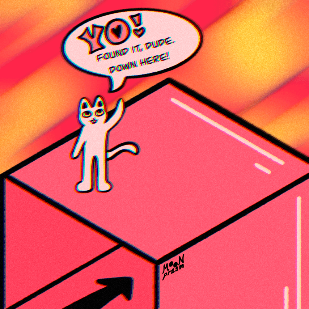 An illustration of a white cat character standing on top of a giant pink box with an arrow pointing inwards. The cat says 'Yo! Found it, dude. Down here!'. The background is aglowing yellow, orange and red.