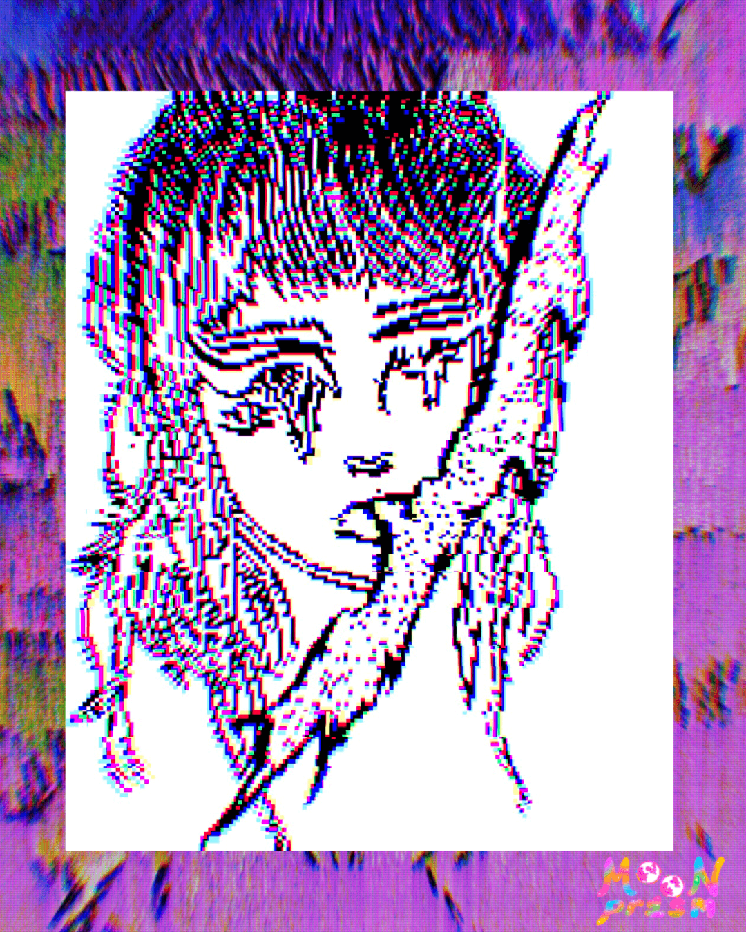 An illustration of a glitched out woman with melting eyes licking a jagged electric looking shape. This is an homage to ocular migraines.