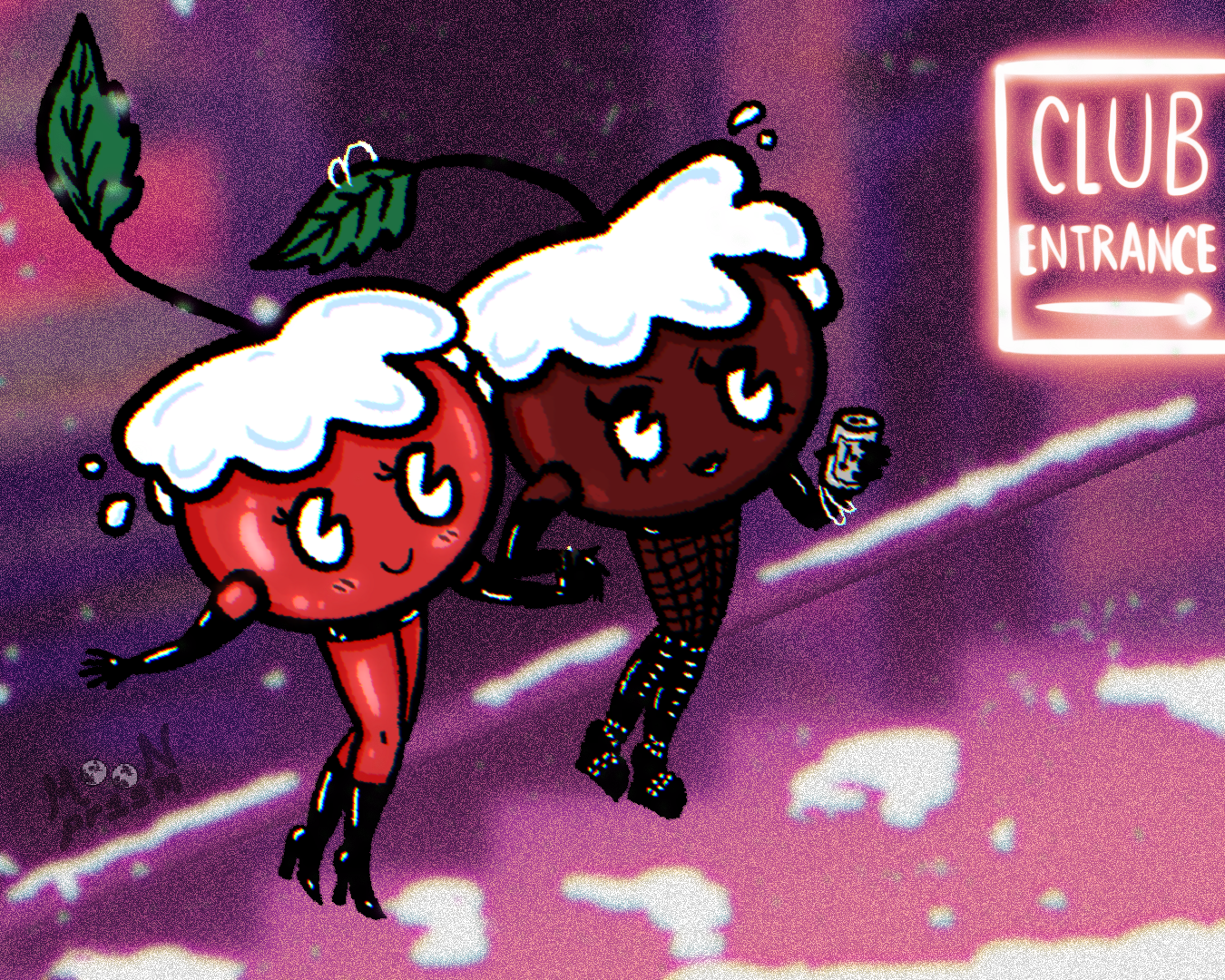 An illustration of two anthropomorphic cherry women dressed in leather outfits. They are holding hands and headed up the stairs towards a night club entrance. There is snow everywhere, but they are happy to be out!