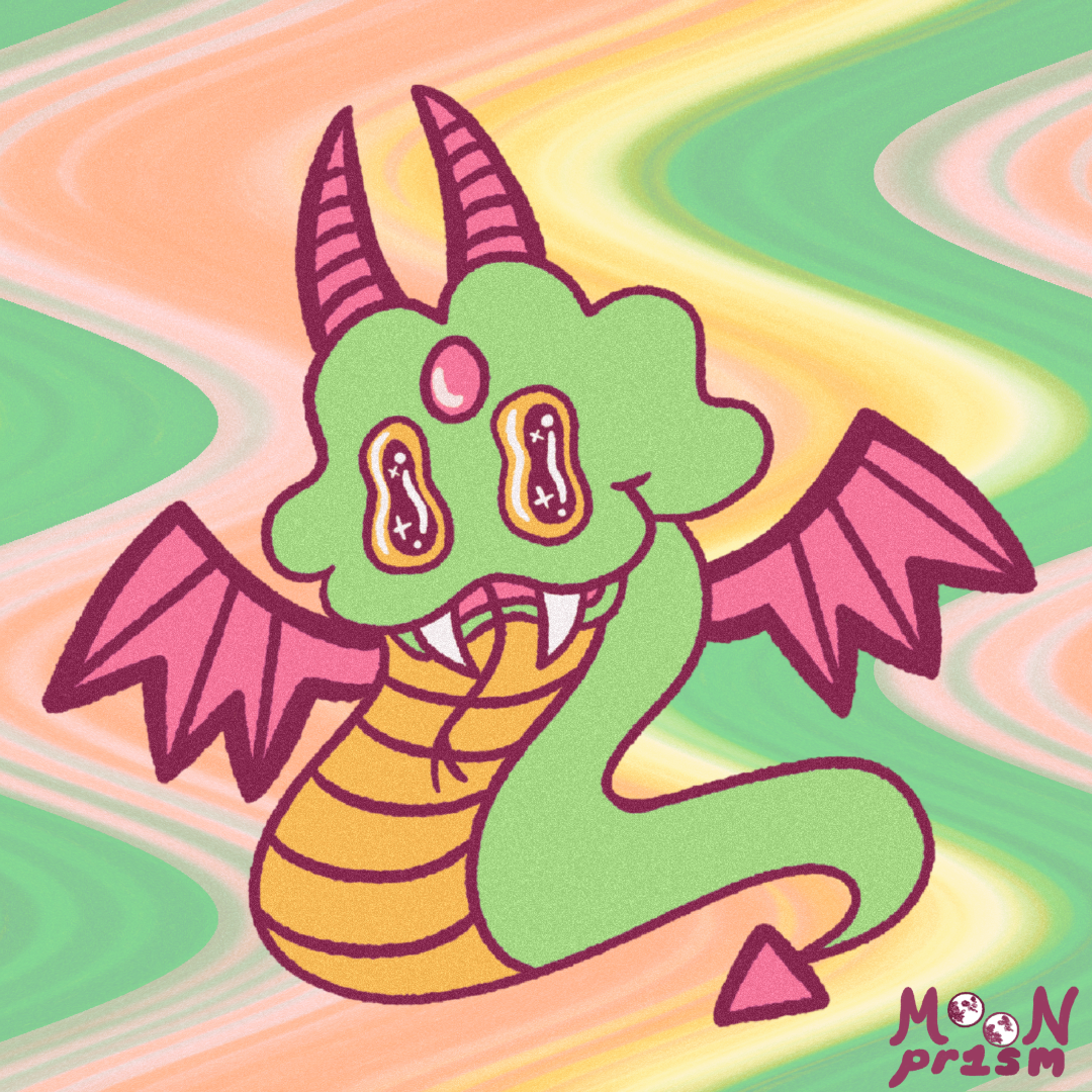 An illustration of a small green dragon with pink horns and wings, and a yellow belly with big sparkling eyes. He has a jewel on his head and is smiling. The background is a swirl of green, pink, orange and yellow.