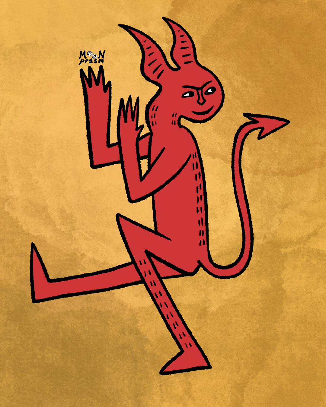a medieval era inspired illustration of a red devil character with a cheeky expression. He seems up to no good!