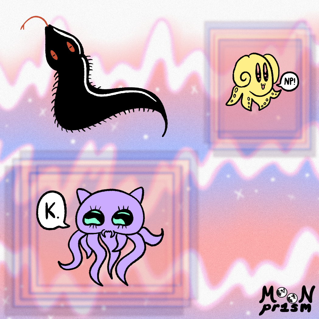 On a pink and purple background that resembles waves, a few squid/octopi like creatures are encased in blurry squares. One says 