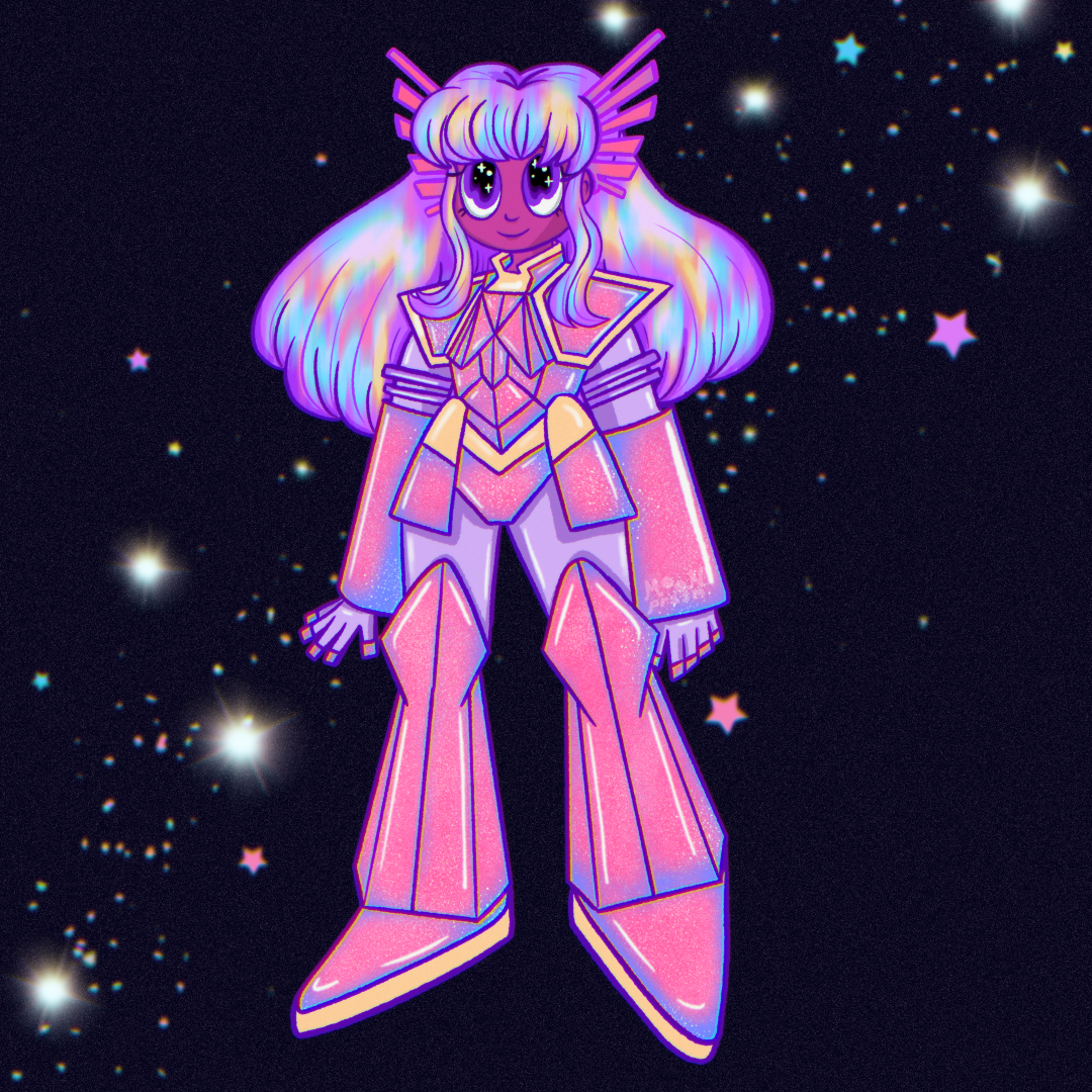 An illustration of a girl with dark skin, purple eyes and purple iridescent hair. She is wearing a glittery pink, purple and gold mecha suit. The background is black with colorful stars and sparkles.