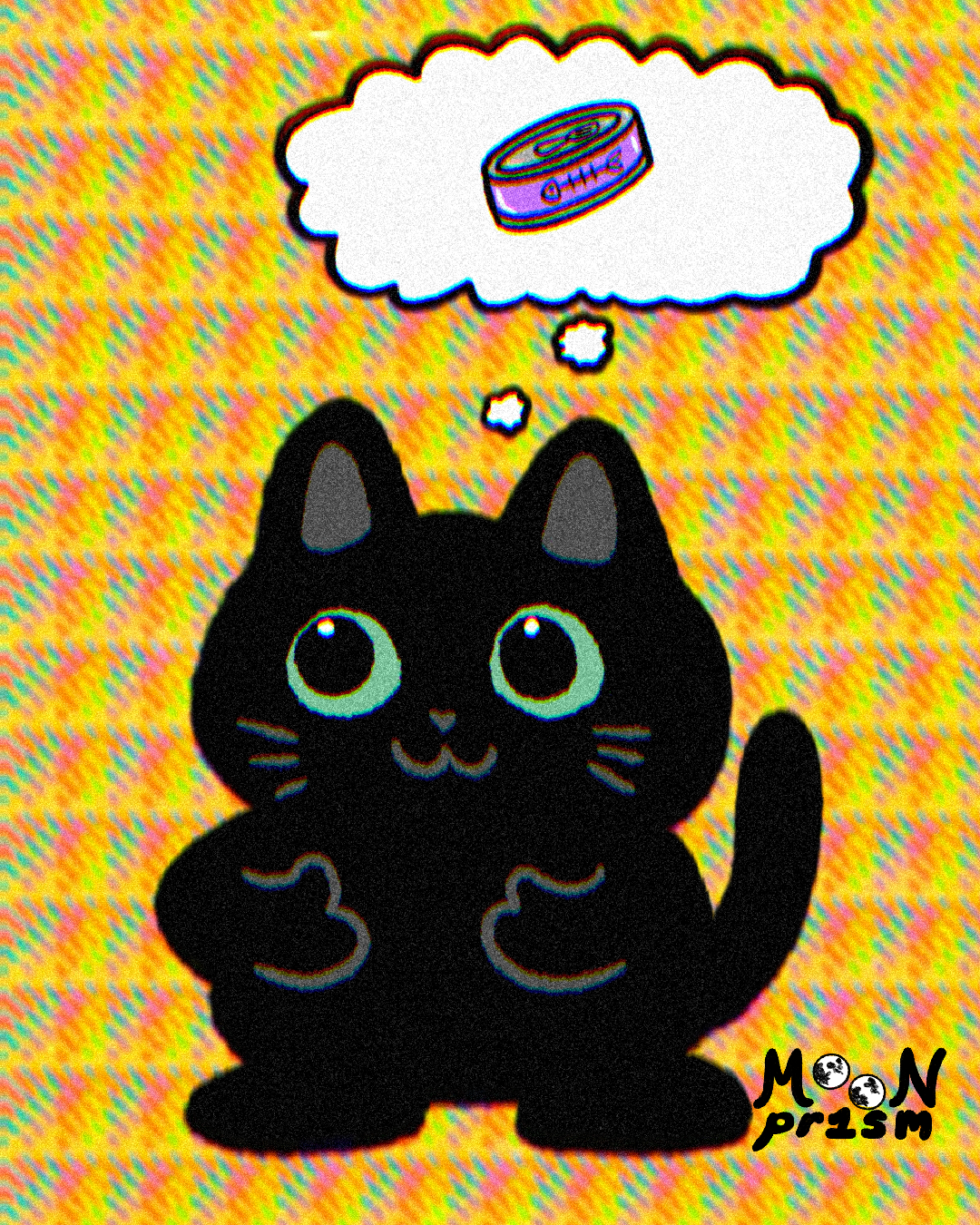 An illustration of the artist's cat, Onyx. She is chubby and polydactyl! She is happily thinking about her dinner of canned salmon.