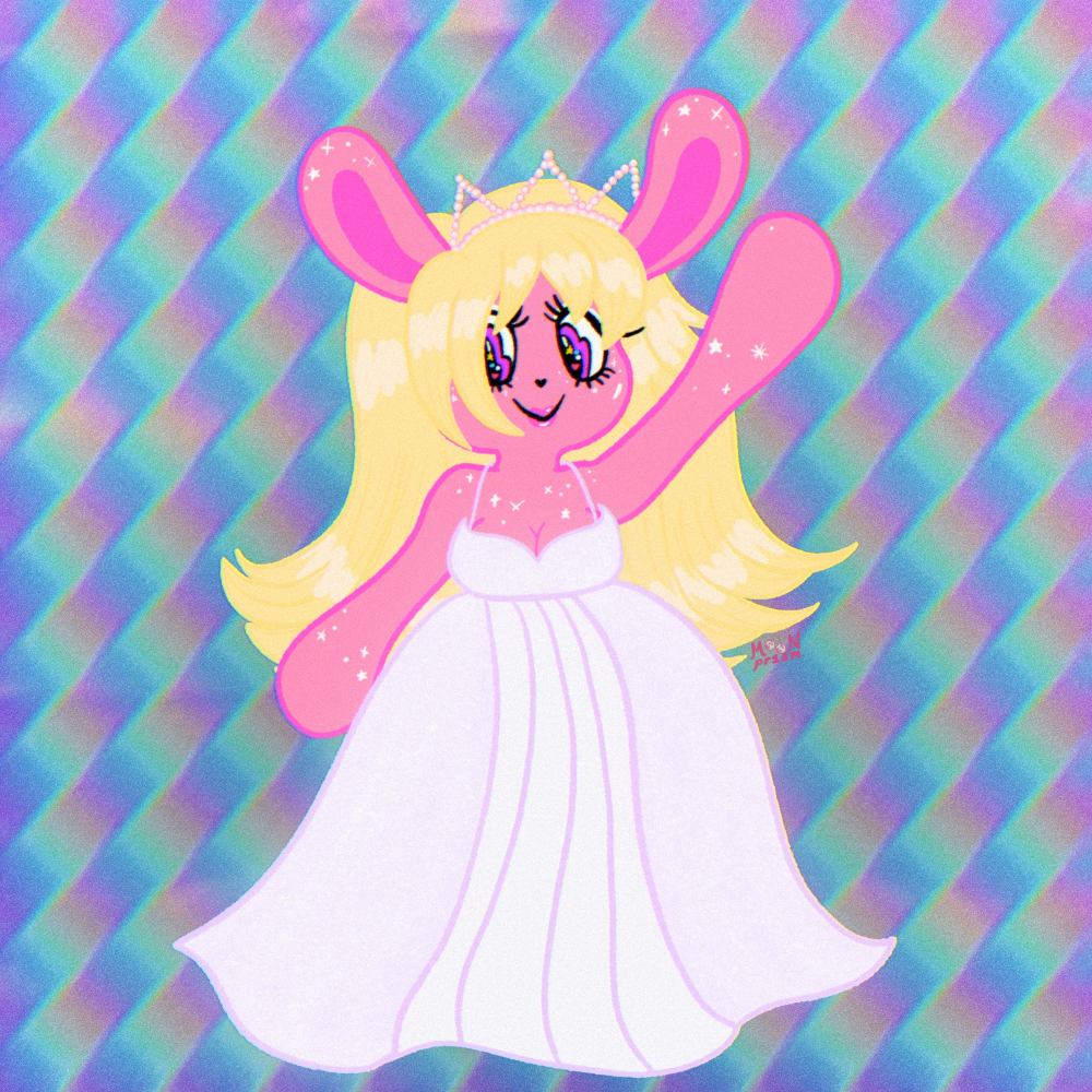 An illustration of an anthropomorphic pink rabbit with big blonde hair and a princess outfit on. She is waving and smiling on a blue iridescent background.