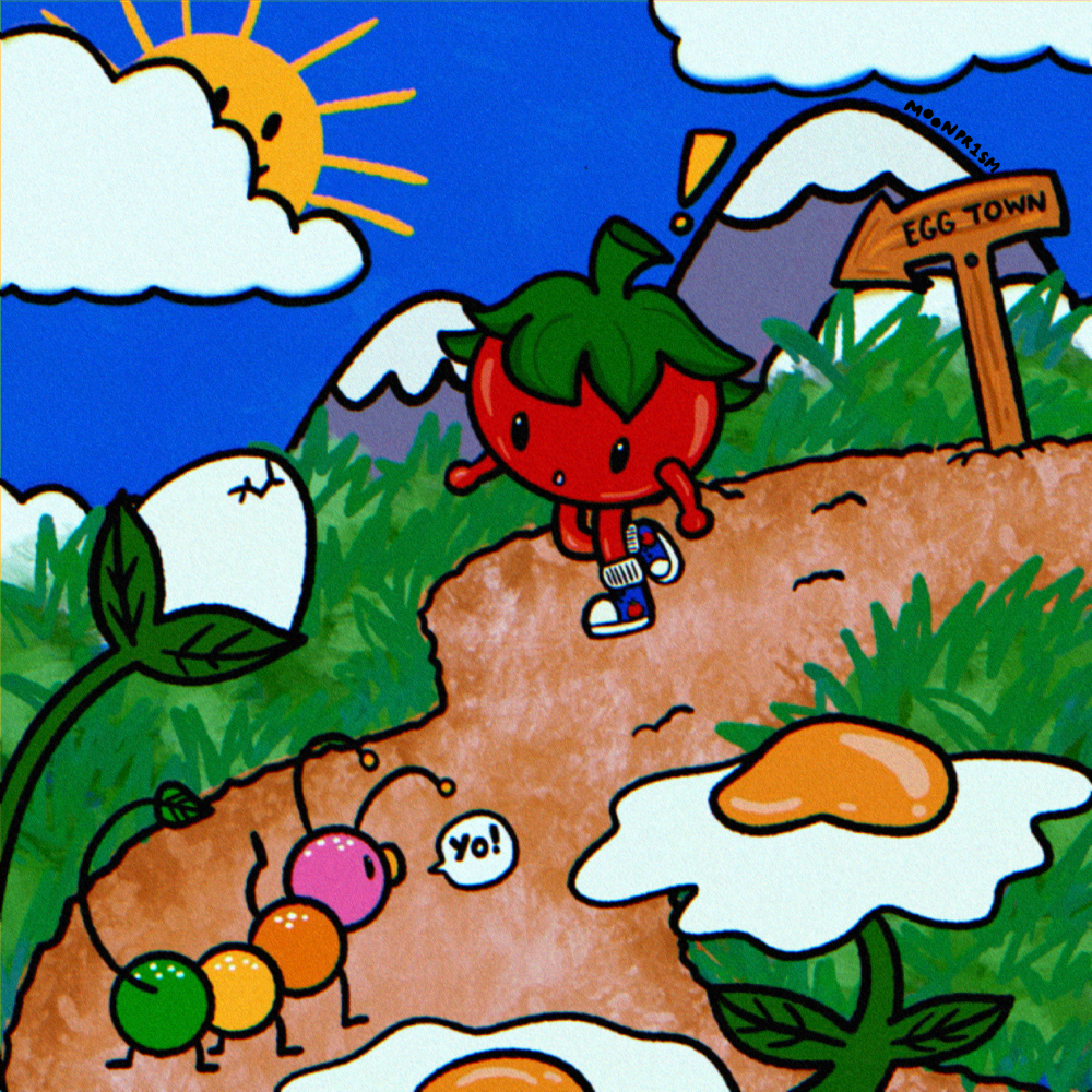 An illustration of anthropomorphic tomato character is walking on a grassy hill path past a sign that points to 'Egg Town'. Along the path there are big flowers that resemble eggs and fried eggs, and a little pastel rainbow caterpillar creature is waving and says 'yo!'. The sun is peeking behind the fluffy clouds and the sky is vivid blue. There are some snow-topped mountains in the distance!