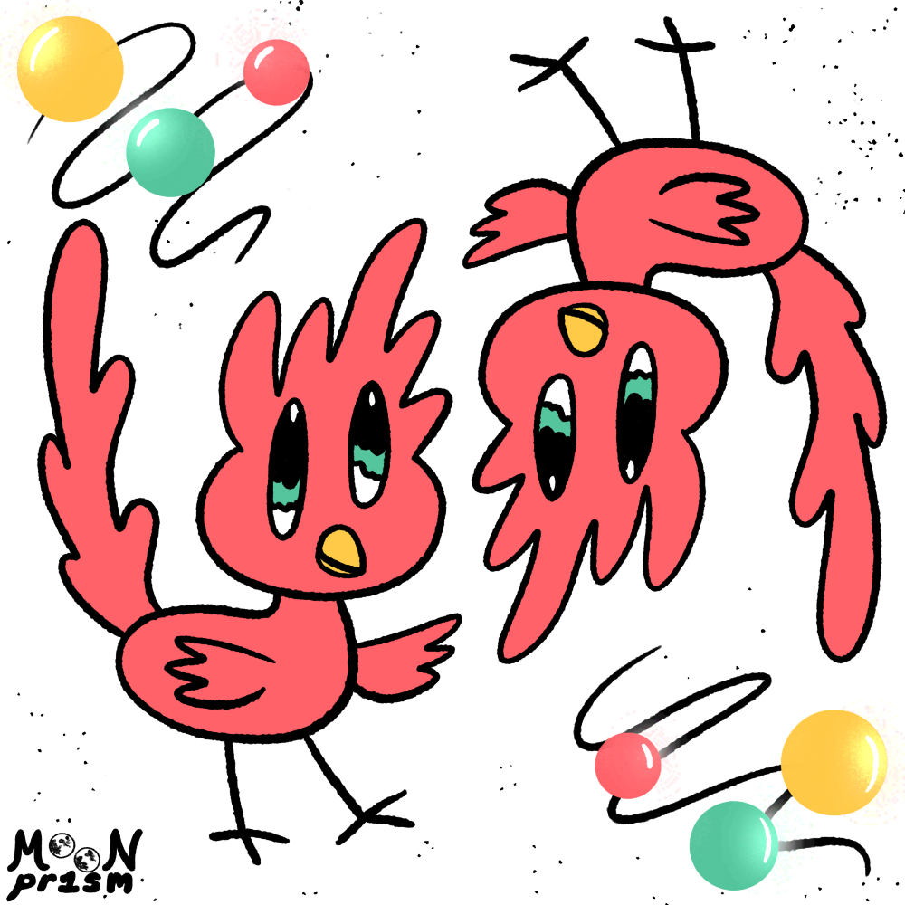 Illustration depicting two red birds, one is upside down. They are on a white background with colorful spheres and black squiggly lines.