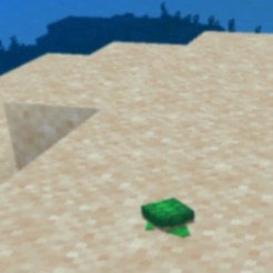 a screenshot of Minecraft, a baby turtle crawling over the sand towards the ocean.