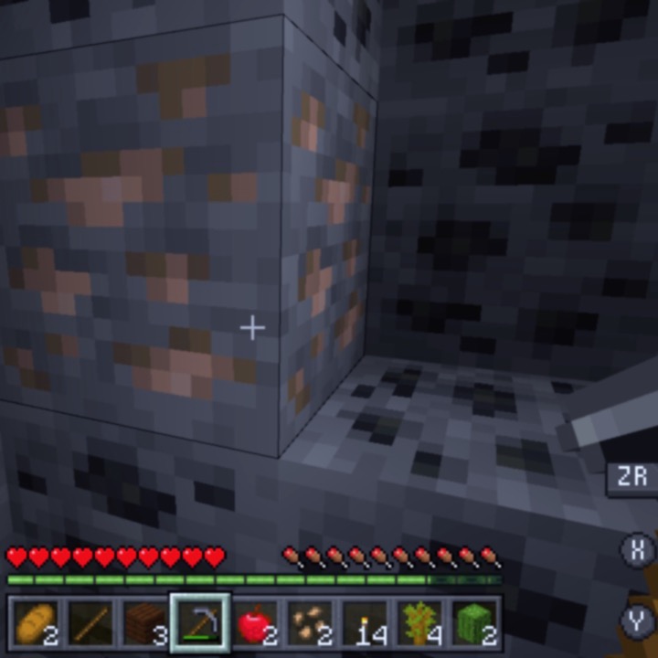 a screenshot of Minecraft, some exposed iron ore and coal.