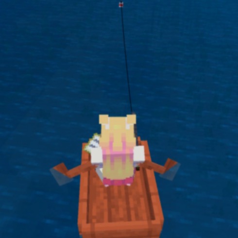 a screenshot of Minecraft, the player is sitting in a boat with a fishing rod.