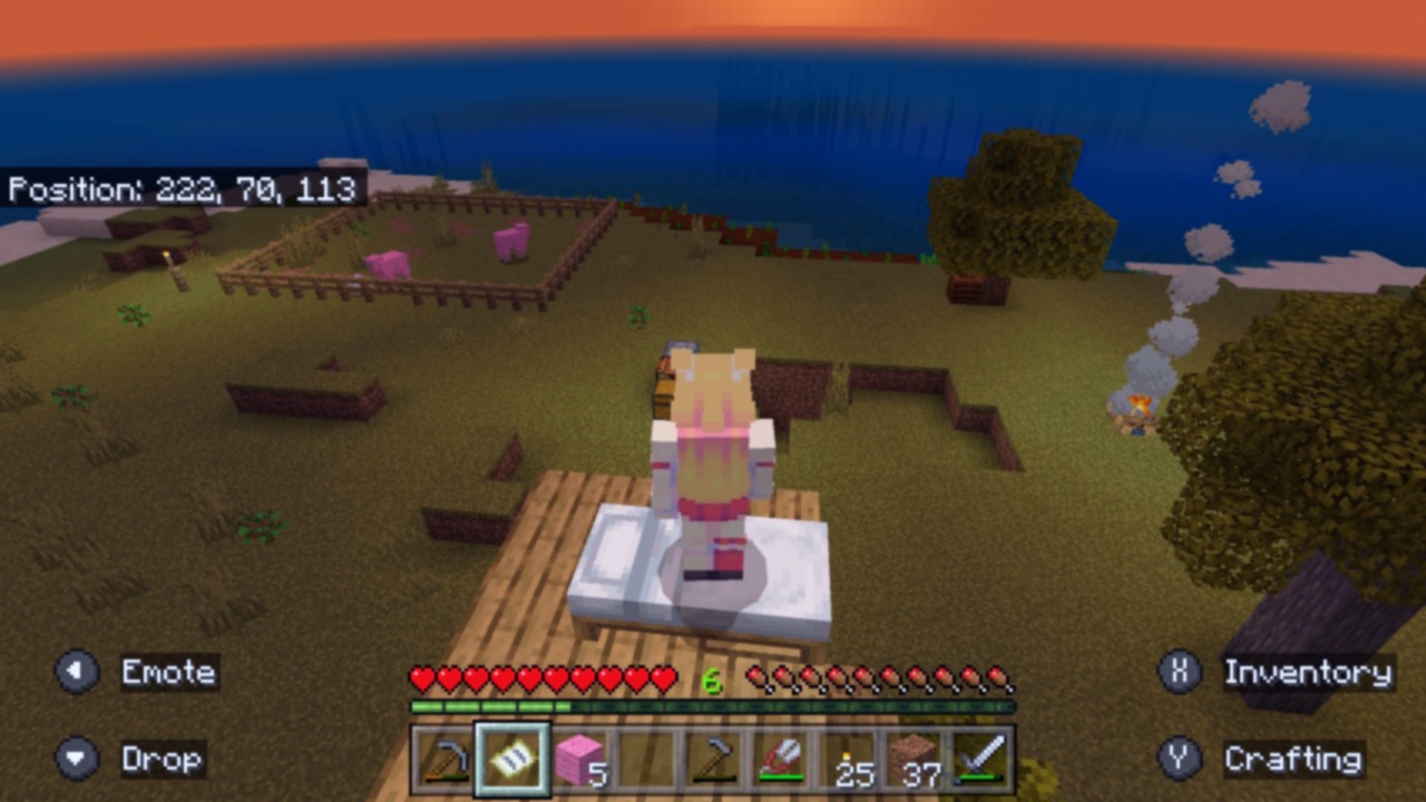 a screenshot of Minecraft, the player is seen overlooking a fenced area containing a few pink sheep. The sun is setting over the ocean.