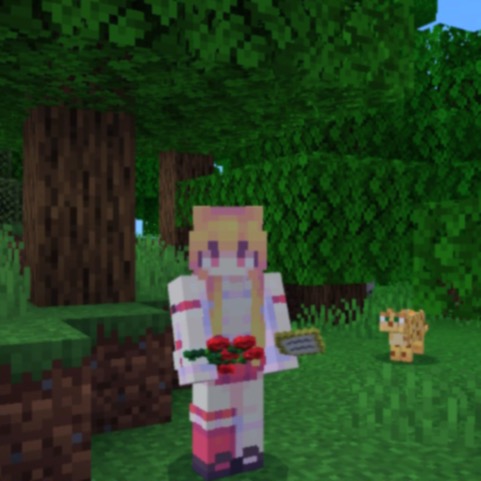 a screenshot of Minecraft, the player is standing in a forest while an ocelot takes notice of her presence.
