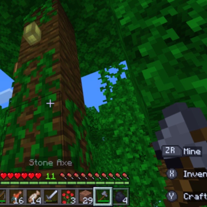 a screenshot of Minecraft, chopping down a jungle tree.